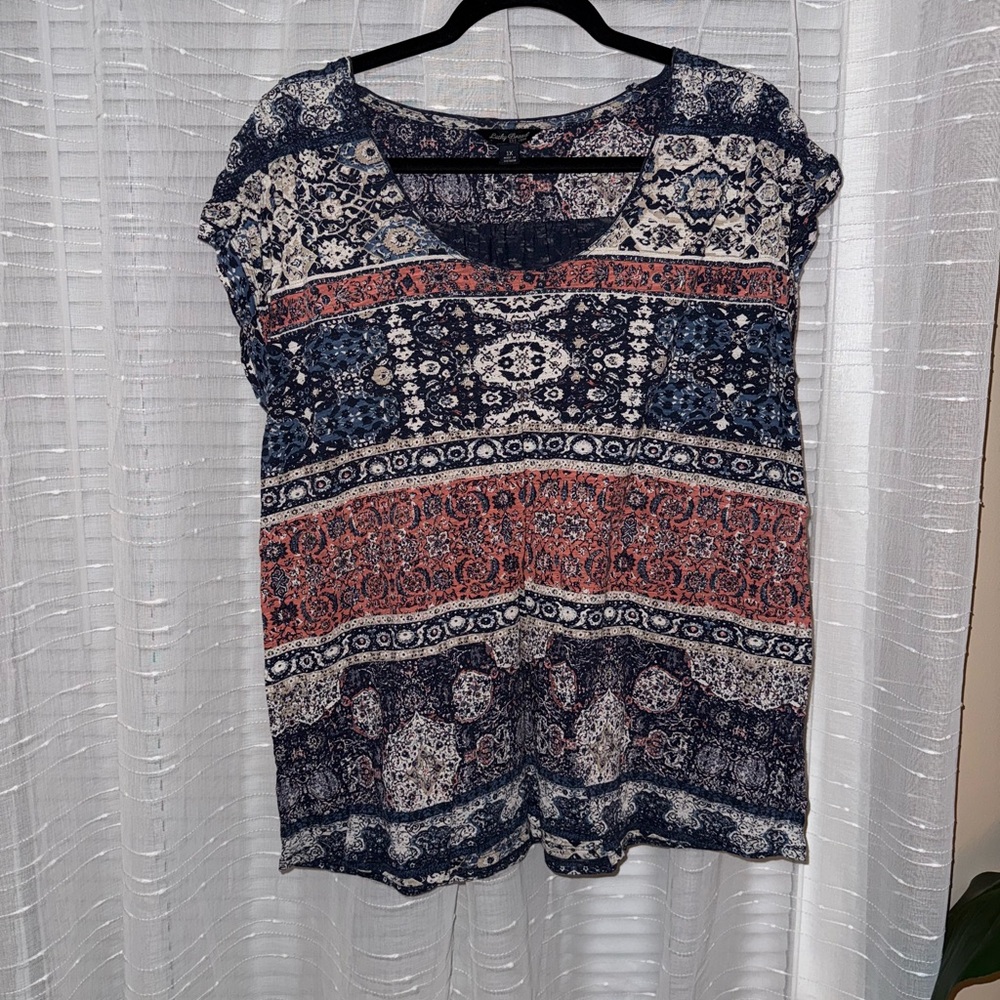 Lucky Brand Navy and Coral Patterned Blouse